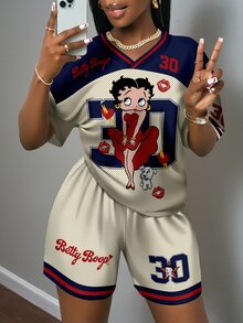 Slaydiva Betty Boop x SHEIN Plus Size Women's Basic Casual Retro Graphic Print 2 Pieces Set, Suitable For Summer - Multicolor - View 3