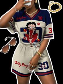 Slaydiva Betty Boop x SHEIN Plus Size Women's Basic Casual Retro Graphic Print 2 Pieces Set, Suitable For Summer - Multicolor - View 6