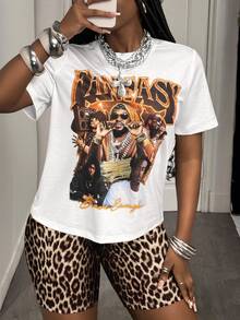 Slaydiva Setelan Dua Potong Wanita Kasual Dasar Putih Musim Panas, Kaos Longgar Bermotif Potret Rock + Celana Pendek Motif Leopard, Pakaian Sehari-hari untuk Bisnis, Bandara, Rave, Festival - MultiWarna - View 7