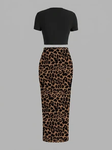 Slaydiva Plus Size Solid Color Cropped Top Leopard Print Skirt 2pcs Set Concert Black Chocolate Brown Summer Cow Girl Club Rave Sexy - Multicolor - View 2