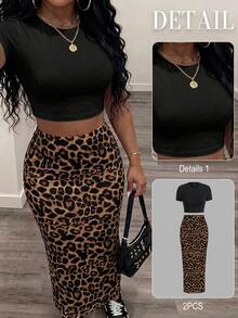 Slaydiva Plus Size Solid Color Cropped Top Leopard Print Skirt 2pcs Set Concert Black Chocolate Brown Summer Cow Girl Club Rave Sexy - Multicolor - View 5