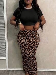 Slaydiva Plus Size Solid Color Cropped Top Leopard Print Skirt 2pcs Set Concert Black Chocolate Brown Summer Cow Girl Club Rave Sexy - Multicolor - View 4