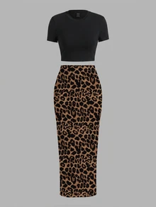 Slaydiva Plus Size Solid Color Cropped Top Leopard Print Skirt 2pcs Set Concert Black Chocolate Brown Summer Cow Girl Club Rave Sexy - Multicolor - View 3