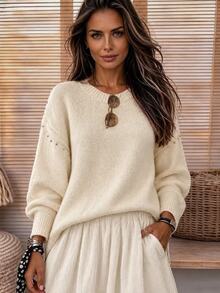 Balvessa Women's Street Fashion Casual Beaded Round Neck Long Sleeve Sweater, Versatile Brunch White Autumn - Apricot - View 1