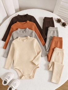 SHEIN Baby Boy Knitted Soft Mock Neck Long Sleeve Autumn Bodysuit 4pcs -Piece Set, Versatile And Comfortable - Multicolor - View 1