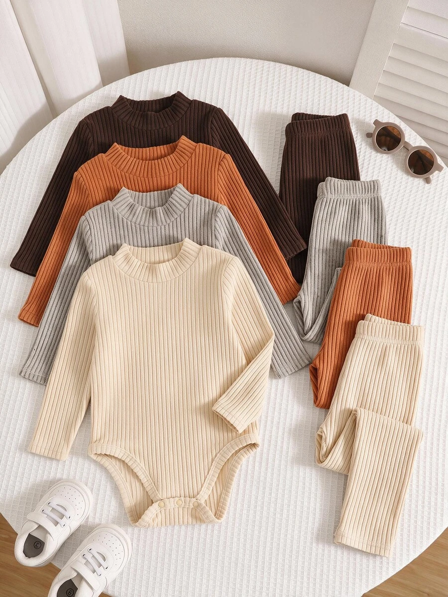 SHEIN Baby Boy Knitted Soft Mock Neck Long Sleeve Autumn Bodysuit 4pcs -Piece Set, Versatile And Comfortable - Multicolor - View 1