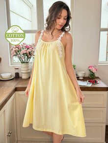 Snug Reverie New Pale Yellow Romantic Fresh Comfortable Lace Trim Camisole Sweet Tank Top Women Mid-Length Cotton Blend Loungewear Nightgown - Yellow - View 4