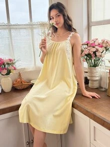 Snug Reverie New Pale Yellow Romantic Fresh Comfortable Lace Trim Camisole Sweet Tank Top Women Mid-Length Cotton Blend Loungewear Nightgown - Yellow - View 3