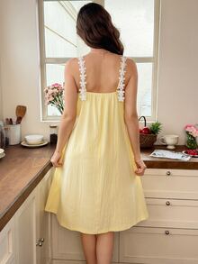 Snug Reverie New Pale Yellow Romantic Fresh Comfortable Lace Trim Camisole Sweet Tank Top Women Mid-Length Cotton Blend Loungewear Nightgown - Yellow - View 2
