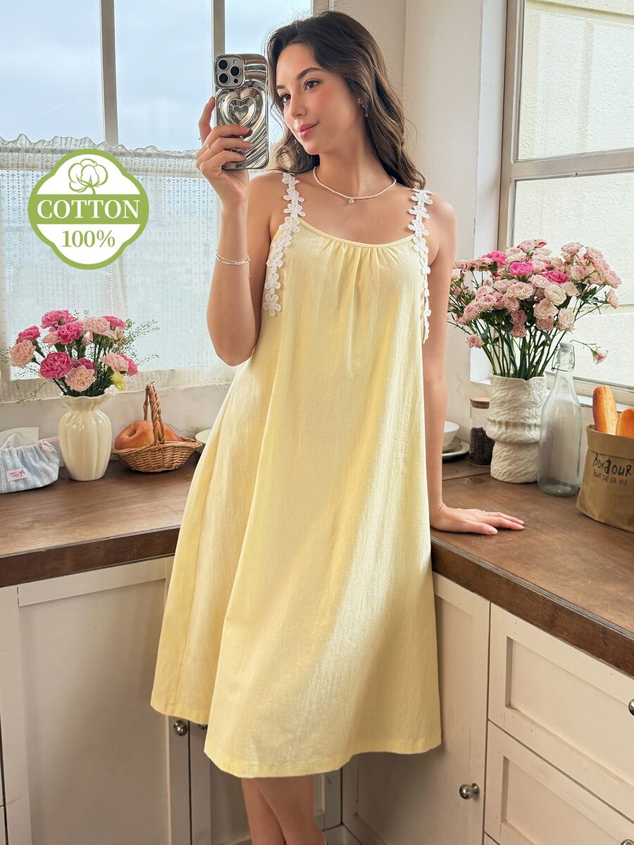 Snug Reverie New Pale Yellow Romantic Fresh Comfortable Lace Trim Camisole Sweet Tank Top Women Mid-Length Cotton Blend Loungewear Nightgown - Yellow - View 1