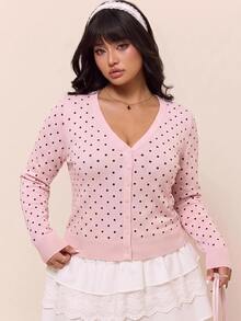 CovetEZ New Light Pink Polka Dot V-Neck Long Sleeve Casual 1960s 1920s Plus Size Knit Sweater For Girls Autumn Dates Office Winter - Pink - View 1