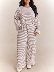 CovetEZ Plus Size Women's Early Autumn Long Sleeve White Crew Neck T-Shirt Wide Leg Loose Casual Traditional Western Two Pieces Set Formal Lounge Vacation - Multicolor - View 4