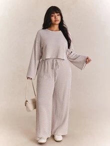 CovetEZ Plus Size Women's Early Autumn Long Sleeve White Crew Neck T-Shirt Wide Leg Loose Casual Traditional Western Two Pieces Set Formal Lounge Vacation - Multicolor - View 6
