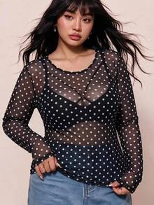 CovetEZ Polka Dot Plus Size Women's Mesh Sheer Long Sleeve Top Fall - Multicolor - View 1