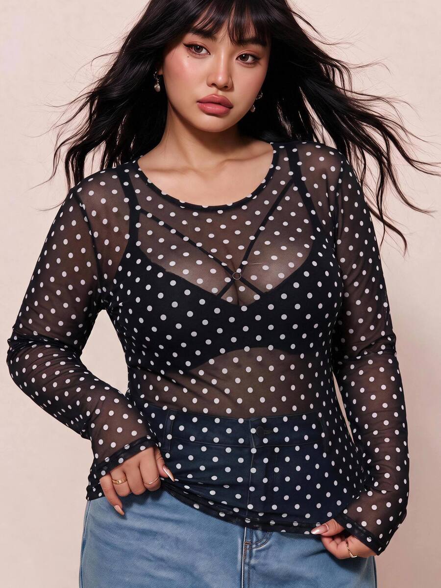 CovetEZ Polka Dot Plus Size Women's Mesh Sheer Long Sleeve Top Fall - Multicolor - View 1
