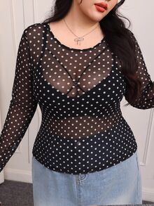 CovetEZ Polka Dot Plus Size Women's Mesh Sheer Long Sleeve Top Fall - Multicolor - View 3