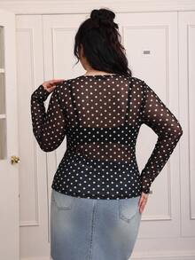 CovetEZ Polka Dot Plus Size Women's Mesh Sheer Long Sleeve Top Fall - Multicolor - View 2