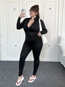 CovetEZ Plus Size Black Slimming High Stretch Shaping Leggings Sets Fall - Black - View 4