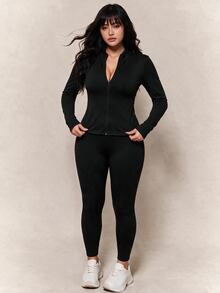 CovetEZ Plus Size Black Slimming High Stretch Shaping Leggings Sets Fall - Black - View 1