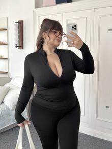 CovetEZ Plus Size Black Slimming High Stretch Shaping Leggings Sets Fall - Black - View 2