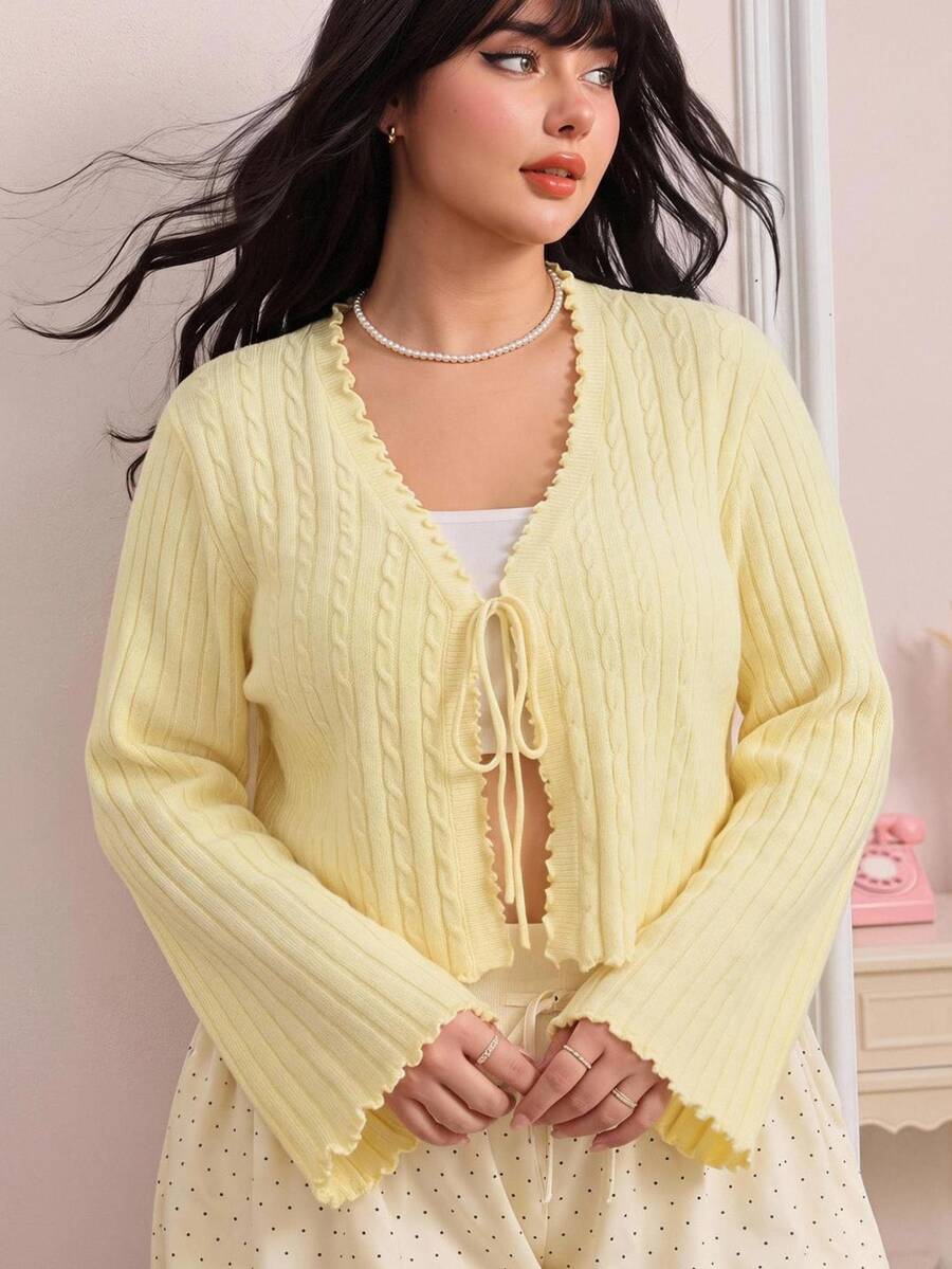 CovetEZ Plus Size Women Solid Color Casual Cute Kawaii Versatile Daily Wear Cardigan Back-To-School Office Formal Club Formal Butter Yellow Autumn Winter - Light Yellow - View 1