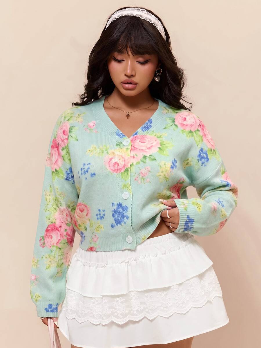 CovetEZ 大尺碼女款花卉印花長袖單排扣針織開襟衫 淺藍色 秋季鄉村風 優雅 晚宴婚禮賓客穿搭 - 粉色 - 查看 1