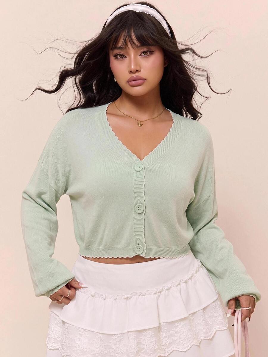 CovetEZ Autumn New Mint Green Contrast Color Ruffle V-Neck Casual Cute Decent Vacation Plus Size Cardigan Vacation Winter Formal Homewear Office - Green - View 1