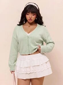 CovetEZ Autumn New Mint Green Contrast Color Ruffle V-Neck Casual Cute Decent Vacation Plus Size Cardigan Vacation Winter Formal Homewear Office - Green - View 7