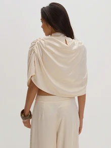MUSEYN Cream Satin Drape Scarf Detail Cape Top Classy Date Night Chic Evening Fall - White - View 5