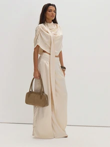 MUSEYN Cream Satin Drape Scarf Detail Cape Top Classy Date Night Chic Evening Fall - White - View 3