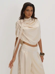 MUSEYN Cream Satin Drape Scarf Detail Cape Top Classy Date Night Chic Evening Fall - White - View 1