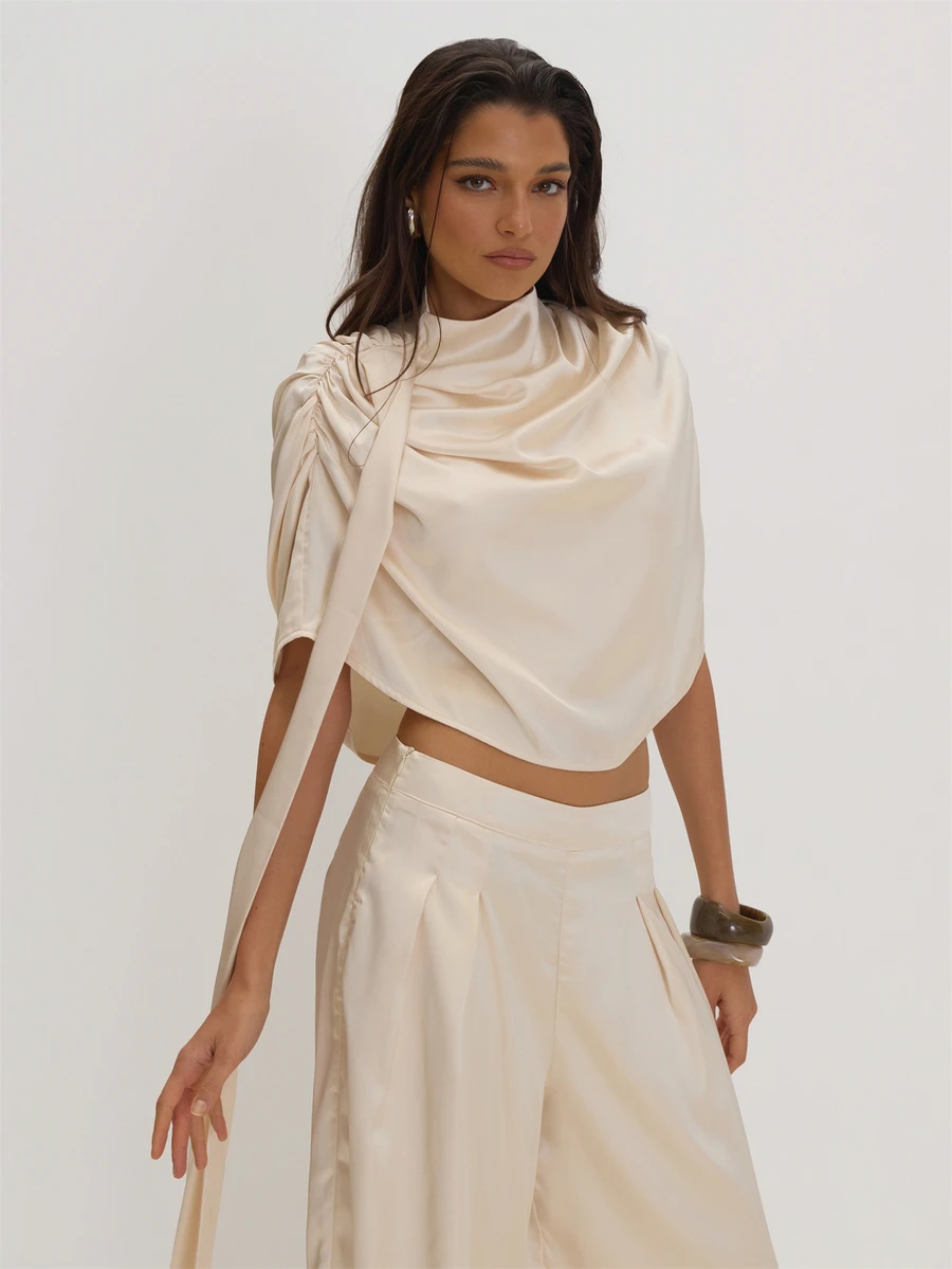 MUSEYN Cream Satin Drape Scarf Detail Cape Top Classy Date Night Chic Evening Fall - White - View 1