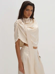 MUSEYN Cream Satin Drape Scarf Detail Cape Top Classy Date Night Chic Evening Fall - White - View 2