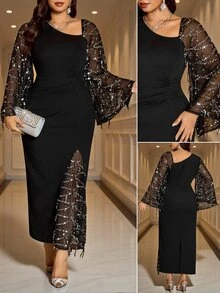 Reflora Plus Size Elegant Celestial Sexy Elegant Asymmetrical Neckline Sequin Dress Halloween Cocktail Party Black Winter Black Autumn Christmas - Black - View 9