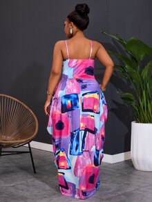 Veslaya Plus Size Women Geometric Printed Sleeveless Casual Beach Dress With Pockets, Versatile For Spring & Summer - Multicolor - View 2