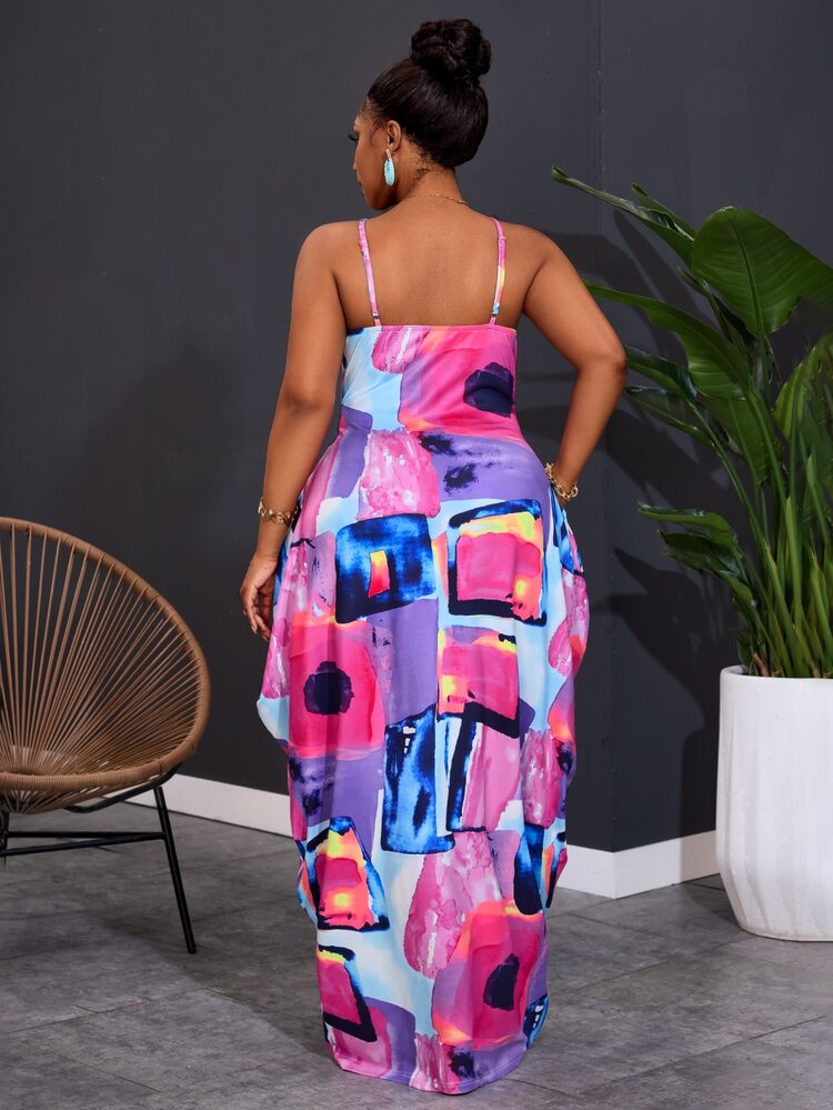 Slaydiva Plus Size Women Geometric Printed Sleeveless Casual Beach Dress With Pockets, Versatile For Spring & Summer - Multicolor - View 2