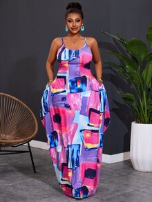 Veslaya Plus Size Women Geometric Printed Sleeveless Casual Beach Dress With Pockets, Versatile For Spring & Summer - Multicolor - View 5