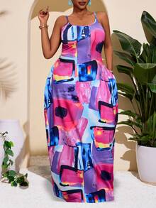 Veslaya Plus Size Women Geometric Printed Sleeveless Casual Beach Dress With Pockets, Versatile For Spring & Summer - Multicolor - View 10