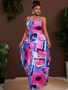 Veslaya Plus Size Women Geometric Printed Sleeveless Casual Beach Dress With Pockets, Versatile For Spring & Summer - Multicolor - View 12