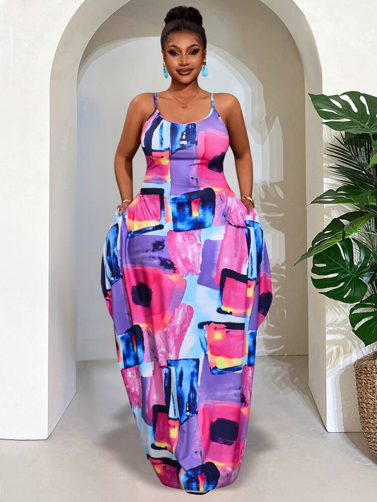 Slaydiva Plus Size Women Geometric Printed Sleeveless Casual Beach Dress With Pockets, Versatile For Spring & Summer - Multicolor - View 11