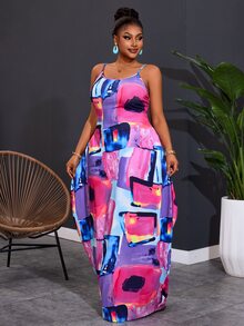 Veslaya Plus Size Women Geometric Printed Sleeveless Casual Beach Dress With Pockets, Versatile For Spring & Summer - Multicolor - View 7