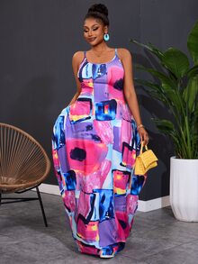 Veslaya Plus Size Women Geometric Printed Sleeveless Casual Beach Dress With Pockets, Versatile For Spring & Summer - Multicolor - View 6
