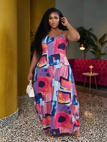 Veslaya Plus Size Women Geometric Printed Sleeveless Casual Beach Dress With Pockets, Versatile For Spring & Summer - Multicolor - View 1