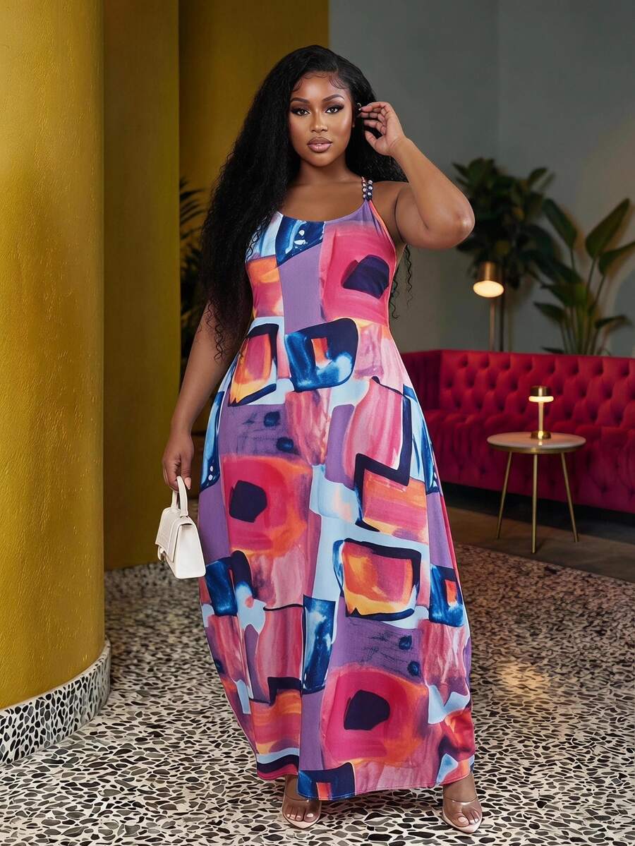 Veslaya Plus Size Women Geometric Printed Sleeveless Casual Beach Dress With Pockets, Versatile For Spring & Summer - Multicolor - View 1