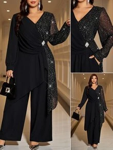 Reflora Black Patchwork Silver Foil Pleated Colorblock V-Neck Long Sleeve Top Pants Plus Size Women 2 Pieces Set Elegant Cocktail Wedding Guest Autumn Fall - Black - View 2