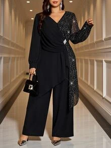 Reflora Black Patchwork Silver Foil Pleated Colorblock V-Neck Long Sleeve Top Pants Plus Size Women 2 Pieces Set Elegant Cocktail Wedding Guest Autumn Fall - Black - View 3