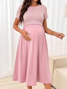 SHEIN Women's Round Neck Short Sleeve Striped Nursing Dress - Pink - View 3