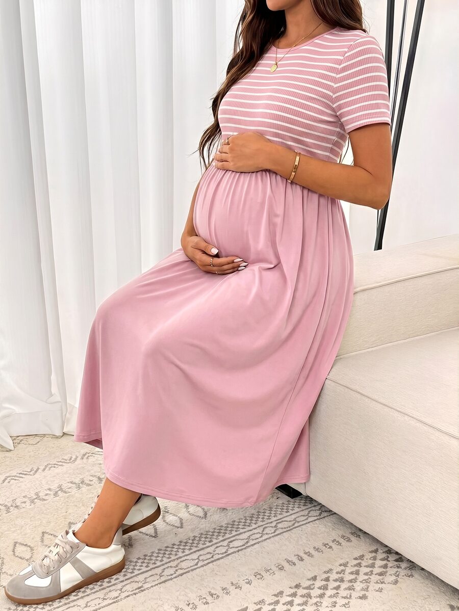 SHEIN Women's Round Neck Short Sleeve Striped Nursing Dress - Pink - View 1