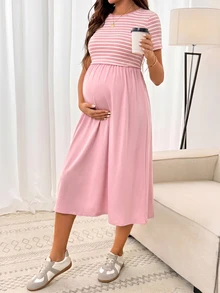 SHEIN Women's Round Neck Short Sleeve Striped Nursing Dress - Pink - View 4