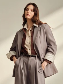 Anewsta 女款秋冬復古優雅休閒棕色拼接 Polo 領長袖落肩襯衫，適合商務辦公 - 棕色 - 查看 5